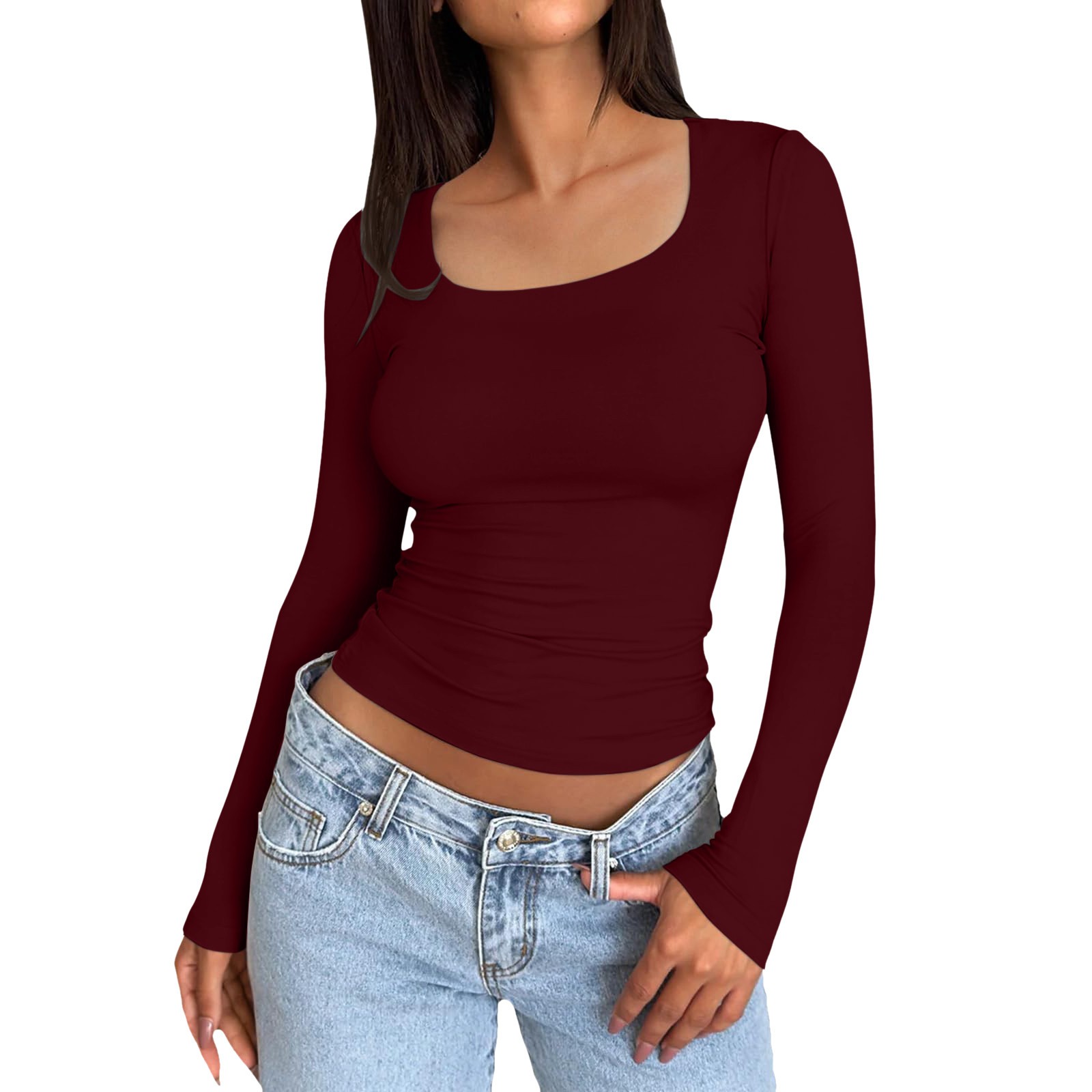 thumbnail image 2 of Top corto ajustado de manga larga para mujer: camiseta ajustada con cuello redondo, poliéster y spandex, diseño básico liso para hacer ejercicio, yoga y estilo informal., 2 of 5